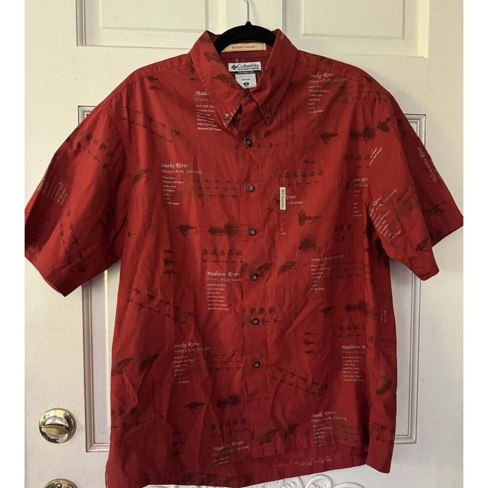 Columbia River Lodge Shirt M Red Fly Fishing Print Outdoor Short Sleeve Cotton